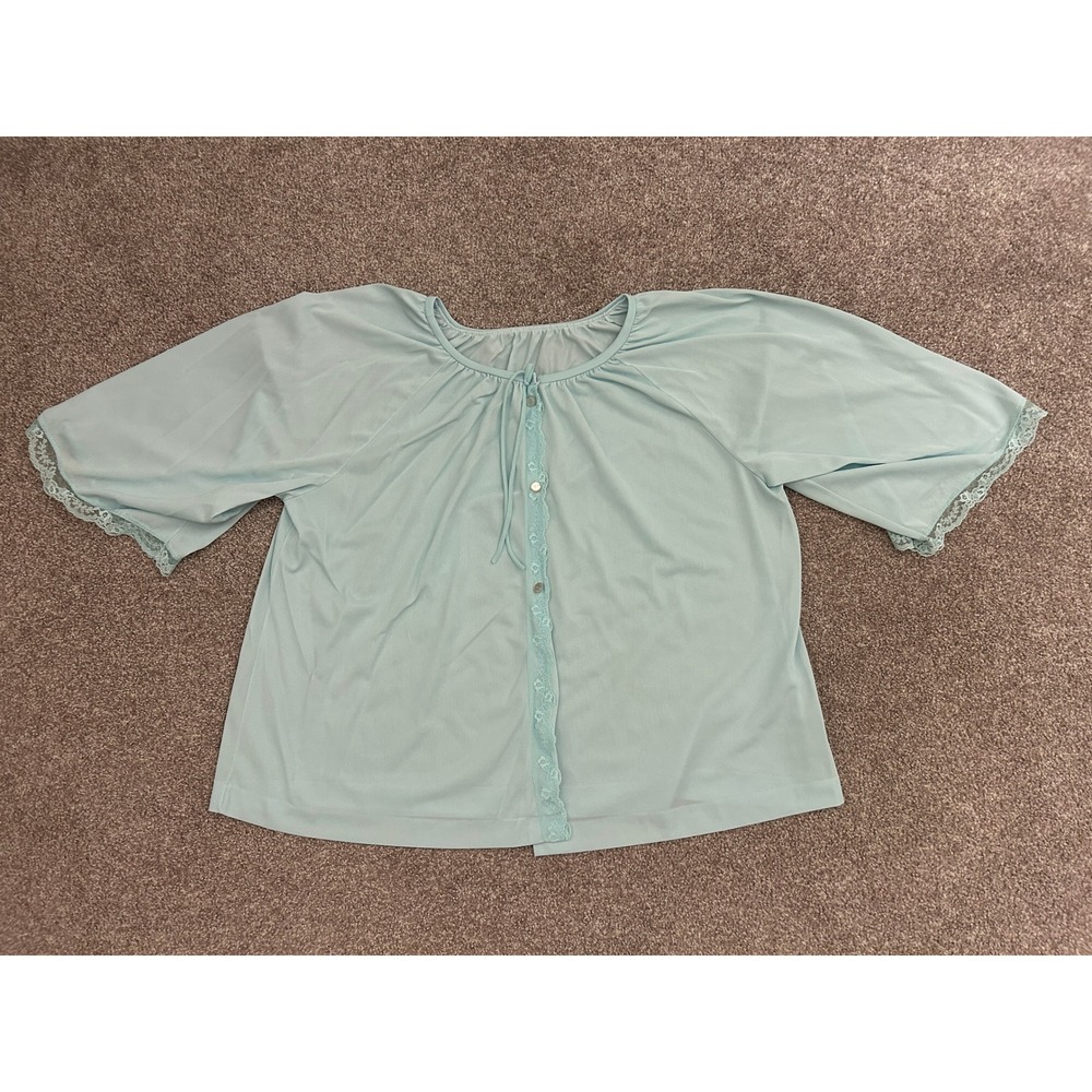 Vintage Bed Jacket Womens Medium Blue Excellent Lace Trim Button Front Lingerie